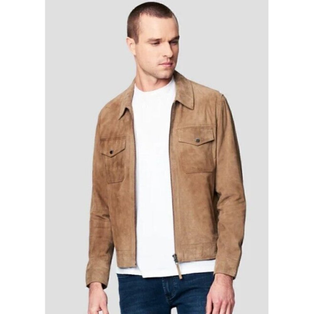 New BlankNYC Win or Lose Suede Trucker Jacket Mens L Tan Leather Zip Front